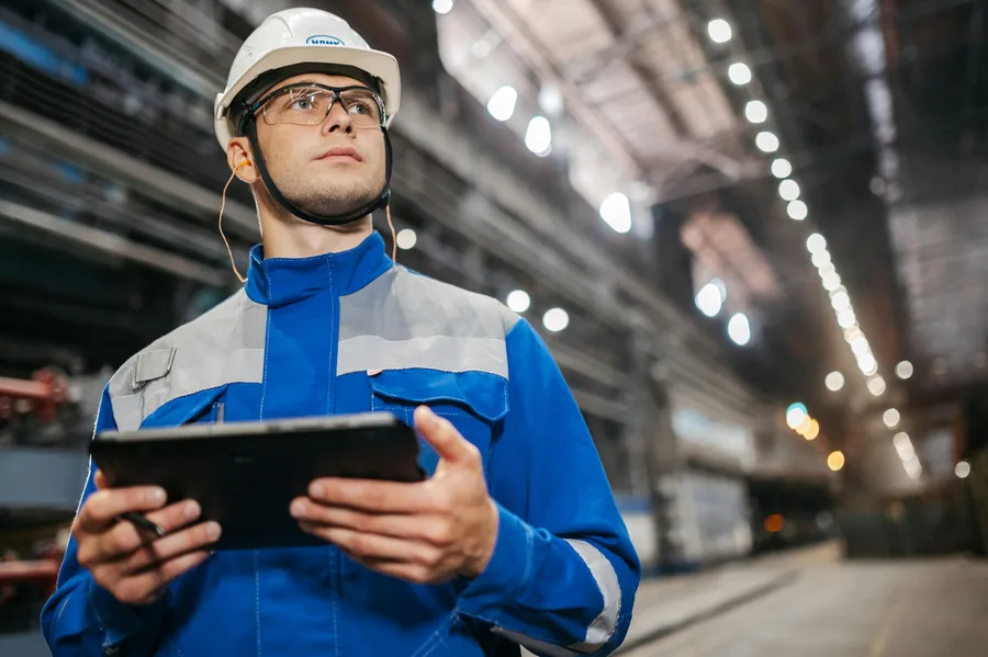 Technicien industriel utilisant une tablette dans une usine